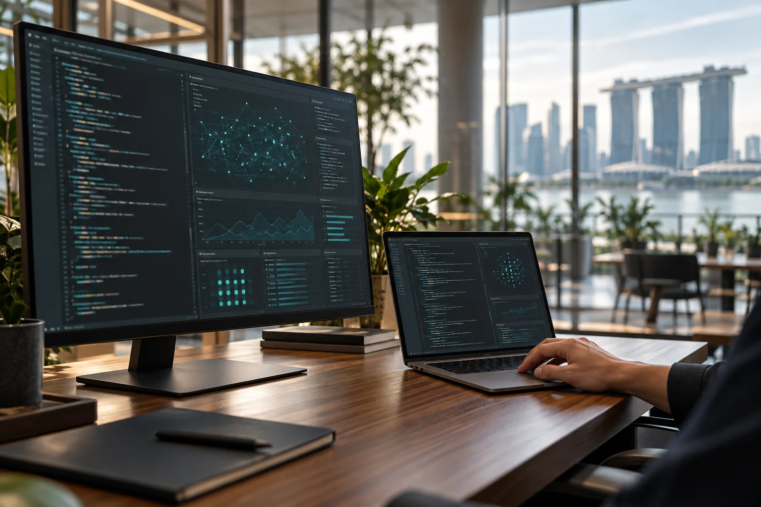 Illustrative engineering workspace with AI application screens